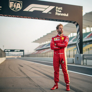 Sebastian Vettel, Ferrari driver, poses confidently in his racing suit. He stands in front of a large sponsor banner at the Formula One race track.