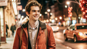 JOVEM DE 16 ANOS DE IDADE ATOR Andrew Garfield COM SEMBLANTE DE FELICIDADE E ESPERANÇA, ANDANDO NA RUA NOTURNA