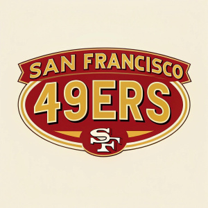 Logo for San Francisco 49ers. Classic design featuring bold vintage-inspired font. Main color scheme includes rich red and golden yellow elements, set against a neutral background.