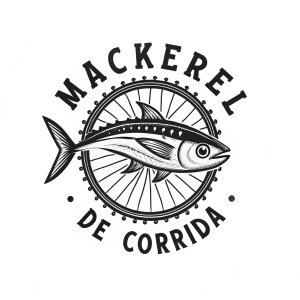 Digital illustration of the Mackerel de Corrida bike club logo featuring a stylized fish design and the text 'Mackerel's de Corrida' in bold black font. A bicycle wheel graphic is integrated into the logo design. All elements are in black and white.