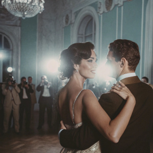 Maria Grazia Cucinotta and Renato Scarpa sharing an embrace. Lavish gala event. Bright lights and paparazzi