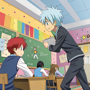 A vibrant anime-style illustration of a classroom setting, featuring characters from 'Assassination Classroom' and 'Silver Spoon'. Colorful backgrounds and dynamic poses characteristic of Yusei Matsui's artwork.