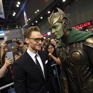 Tom Hiddleston at New York Comic Con. Sporting black suit and glasses, posing next to life-sized alien statue with intricate, metallic design. Crowded event, filled with fans holding cameras and smartphones, eager for selfies.