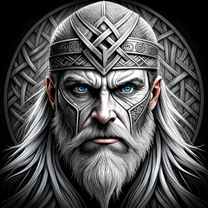 walhalla, viking warrior,  runics face, black work, white backrounds