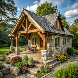 stone cottage with a timber frame pavilion porch