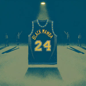 Custom NBA jersey with Kobe Bryant's face, 'Black Mamba' text, and the number 24. On-field basketball court.