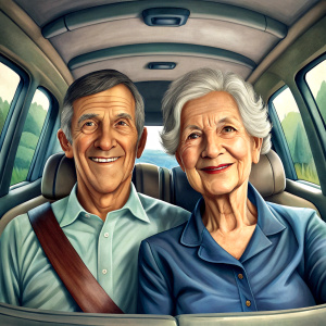 OLD COUPLE LAUGFING INSIDE A CAR