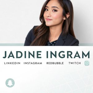 Jadine Ingram's profile. Social media handles LinkedIn, Instagram, RedBubble, Twitch. Clean design. Muted colors. Professional photo.
