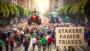 close-up Farmers strike in city. People on strike protesting protests against tax increases, abolition of benefits by standing next to tractors on big city street from Spain