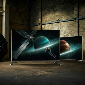 Samsung's new SMART TV ad, set in a futuristic space environment. Planet and spaceship designs. High-tech 3D visuals.
