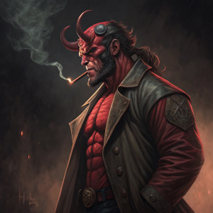 Digital artwork of Hellboy, with a lit cigar in his mouth. Dark and ominous background, using shades of black, red, and brown.