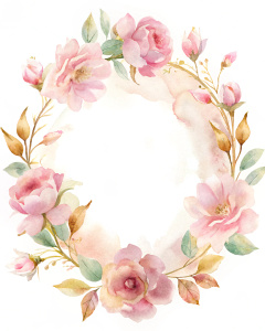 Floral arrangements pink, gold, flower round frame wreath,  white background 