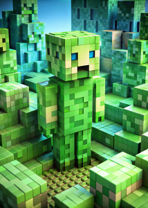 An image resembling a Minecraft creeper. Various shades of green blocks and other blocks in the background