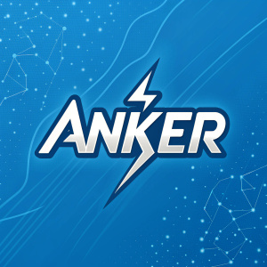 The modern logo for ANKER, featuring a sleek sans-serif font brand name with a lightning bolt symbol. Vibrant blue background with white accents, embodying a dynamic and energetic brand identity.