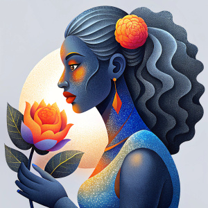 rosto feminino escuro de perfil, laranja, azul e cinza, muito realista, com a mão segurando uma rosa ou flor 