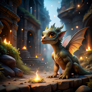 Fine art painting, enchanting portrayal of a "Baby Dragon," captured in a moment of wonder as it explores its surroundings, surrounded by flickering fireflies and ancient ruins, executed in a realistic yet fantastical style, with attention to texture and lighting that brings the scene to life.
