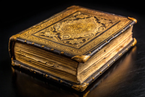 Photo the Islamic book has a worn leather binding with intricate gold lettering, frayed edges, a cracked spine, and yellowed, brittle pages with handwritten notes in the margins. The overall appearance reflects its age and history. black background