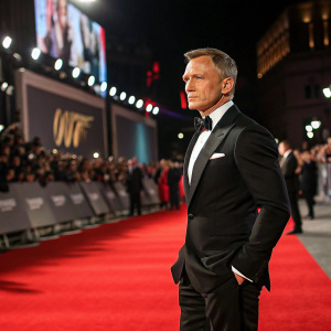 Daniel Craig at James Bond premiere. Intense stare, black tuxedo, standing on red carpet. Crowds visible in background