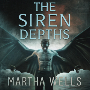Audiobook cover for 'The Siren Depths' by Martha Wells. Depicts a winged, muscular demon with fiery wings, a menacing look. Set against a dramatic, fiery background. Prominently displays 'Martha Wells' and 'The Siren Depths'. Includes an Audible audiobook badge.