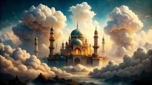 "Create an AI image featuring a mosque suspended in the sky, enveloped by large clouds billowing upwards. Design the mosque with intricate details, situated in the celestial realm, while the expansive clouds form a canopy that arches above. Infuse a sense of tranquility and grandeur into the scene. Ensure the image is of high quality to capture intricate details, and strive for a photo-realistic appearance to evoke a captivating atmosphere. Merge the ethereal setting of the mosque with the majes