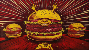 burgers flying, psychidelic, ultra realistic wallpaper style, hungry shrek eating, funny text, cartoon, white background