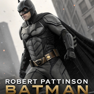 High-definition image of Robert Pattinson as Batman. Dynamic action pose, detailed Batsuit with intricate belts and accessories. Framed with 'ROBERT PATTINSON BATMAN' text at the bottom