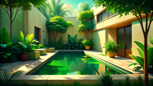 out door pool with green threes, and plants,