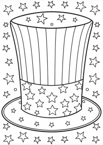 create a black and white coloring page with an Uncle Sam hat with stars and stripes
easy to color with a thick outline for kids




