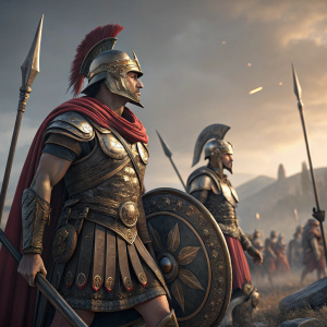 Characters from Sparta: War of Empires video game, in detailed digital 3D render, warriors in ancient attire, standing on a futuristic battlefield