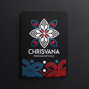 Stark black background, modern logo of Chrisvana Pharmaceuticals. Geometric shapes and abstract designs in blue, white, and red. Brand name Chrisvana positioned below the graphic elements