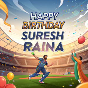 Digital illustration of Suresh Raina celebrating his birthday in a vibrant, animated stadium scene. 'Happy Birthday Suresh Raina' in large text. Friends and fans digitally rendered around him.