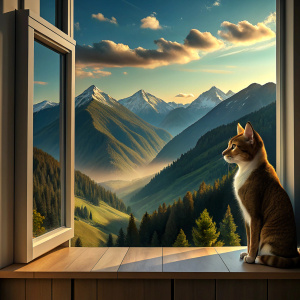 A cat looks at the mountain landscape from the window of the house