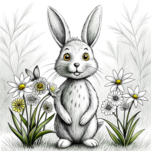 clean vector illustration for kids coloring, funny Easter bunny with a spring flowers bouquet in a rural field with tall grass and flowers, one closed lines,  professionally detailed, black and white, white background