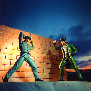Jotaro Kujo and Noriaki Kakyoin in dynamic poses. Dimly lit, brick wall backdrop with soft warm glow