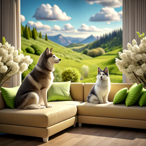 A scottish cat and siberian husky dog ​​are on the sofa of the house, watching the spring view 3d