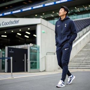 Son Heung-Min, soccer player, outside a stadium. Wearing a Nike hoodie and sneakers. Distracted look.
