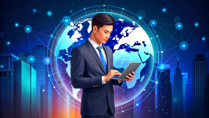 Digital marketing, global business, e-commerce concept. Businessman using mobile phone and laptop computer with global internet network connection technology, social media marketing