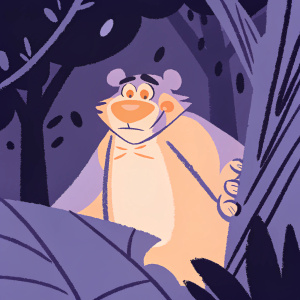 Cartoon character from The Jungle Book. Digital illustration. Dark, mysterious background with intricate hand-drawn details.