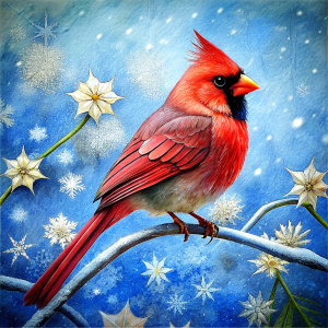 A cardinal perched on a snowy branch surrounded by snowflakes.