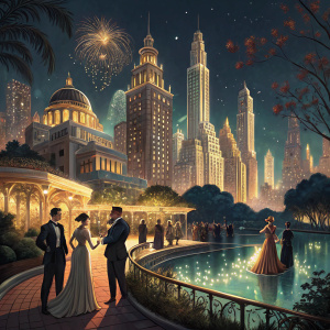 A scene from 'The Great Gatsby'. Glittering city lights at night. Rich colors and grand architecture