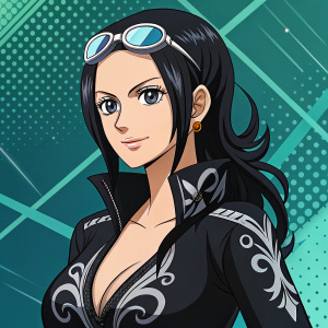 Nico Robin, a charismatic figure from the One Piece universe, confidently poses. Her voluminous hair is highlighted. She wears a black outfit with intricate black designs. The background features a mix of teal and green digital patterns, giving a modern anime vibe.
