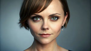 Christina Ricci with blue eyes is posing for a picture, a character portrait by Slava Raškaj, featured on cg society, photorealism, studio portrait, UHD image