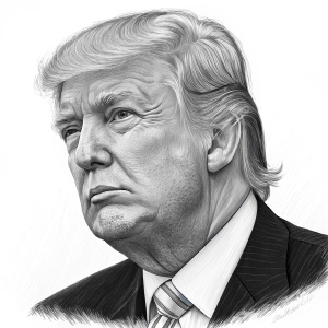 Digital portrait of Donald Trump. Black and white. Pencil sketch style. Detailed facial features. Plain white background