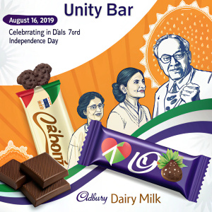 The Economic Times, August 16, 2019, featured Cadbury's Unity Bar ad for India's 73rd Independence Day. Vibrant ad showcases diverse individuals coming together. Ad prominently displays Cadbury Dairy Milk products with colorful designs and legible text.