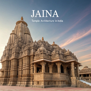 Highly detailed 3D model of 'Jaina: Temple Architecture in India' book cover. Depicting intricate ancient Indian temple architecture. Visually stunning design.