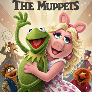 Movie poster for 'The Muppets'. Kermit the Frog and Miss Piggy front and center. Other characters in the background.