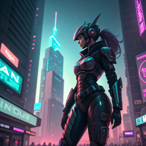 Digital illustration of a futuristic, anime-inspired female character named Ghroth. Standing in an action pose. Background is a neon-lit cityscape.