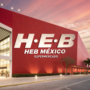 Digital artwork featuring the H-E-B México logo. Set against a bright red backdrop. The logo combines flat design and modern graphics. It showcases 'H-E-B' in a bold sans-serif font with 'HEB MÉXICO' and 'SUPERMERCADO' below in smaller text. The design is striking and simple.