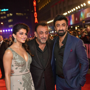 Jacqueline Fernandez, Sanjay Dutt, and Ranbir Kapoor at a bustling film festival premiere. Dazzling lights and crowd in the background.