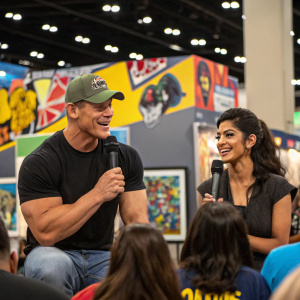 John Cena and Shay Shariatzadeh in casual outfits at a Comic-Con panel discussion. They're surrounded by fans and artists creating fan art